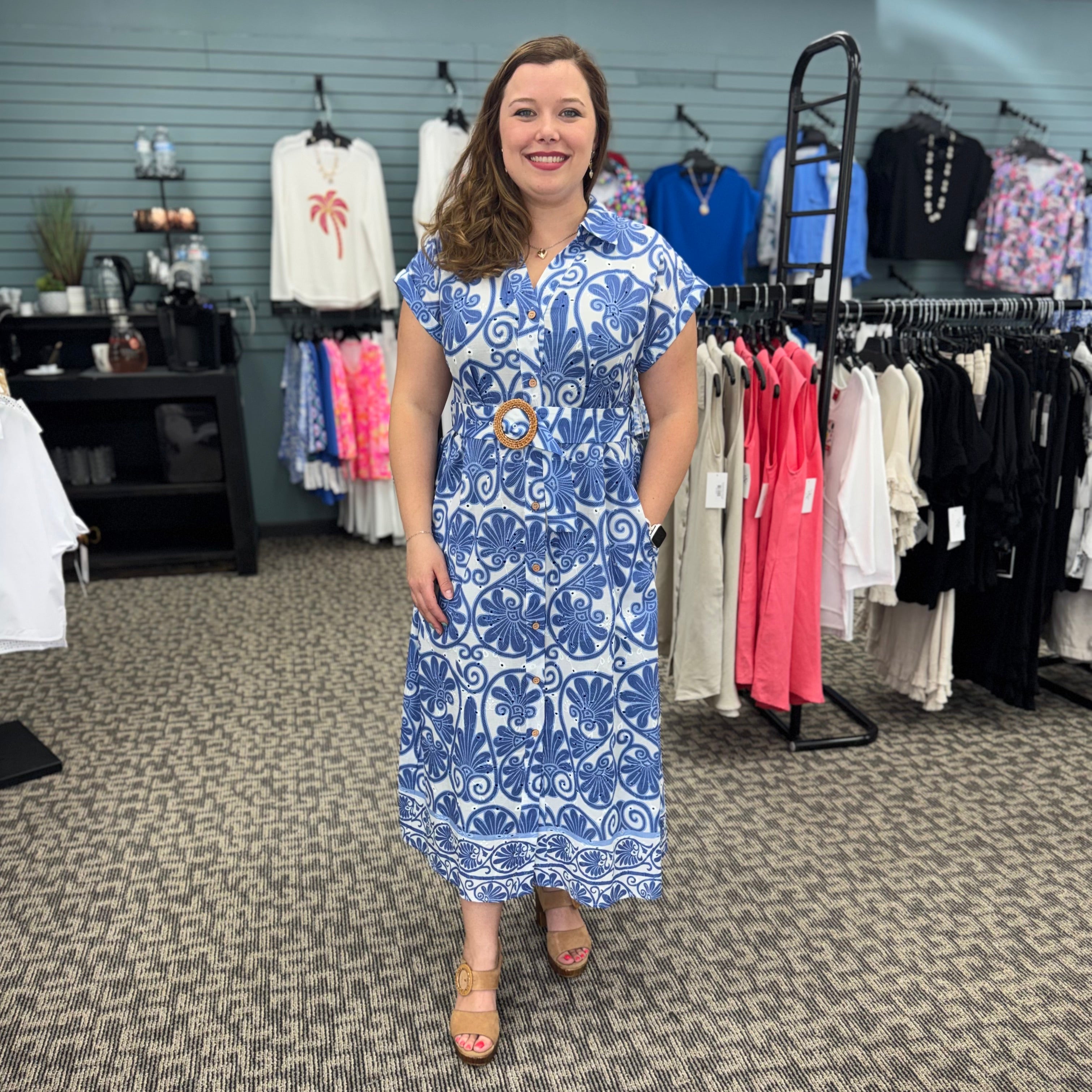 Printed Eyelet Cotton Short Sleeve Dress With Belt at Waist – Pretty N' Pearls, LLC