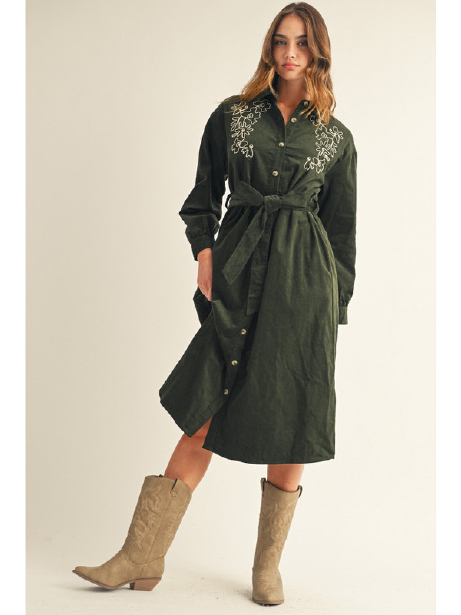 Long Sleeve Corduroy Midi Dress