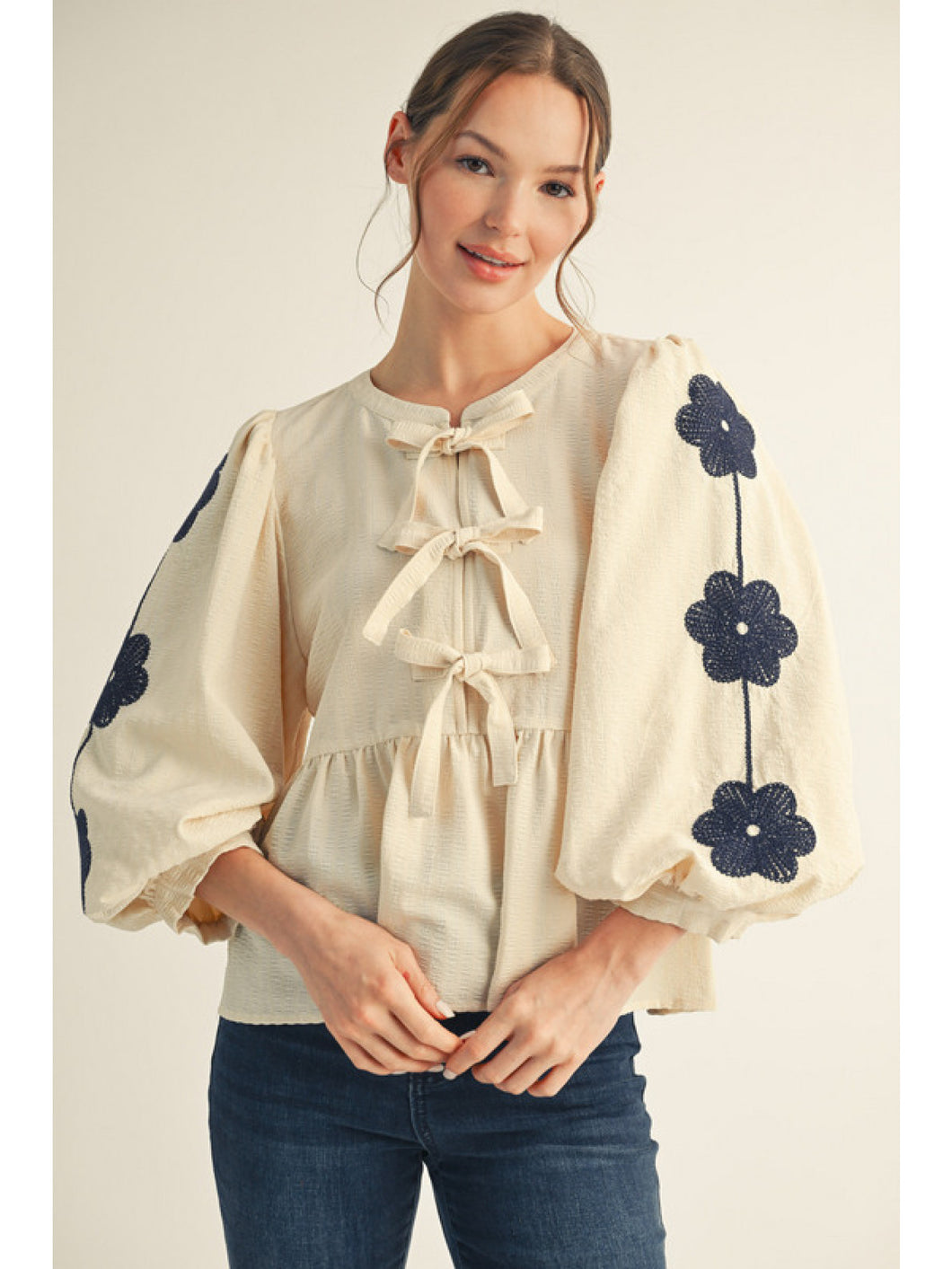 Floral Embroidered 3/4 Puff Sleeve