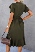 Load image into Gallery viewer, Petal Sleeve Ruffle Trim Belted Midi Dress
