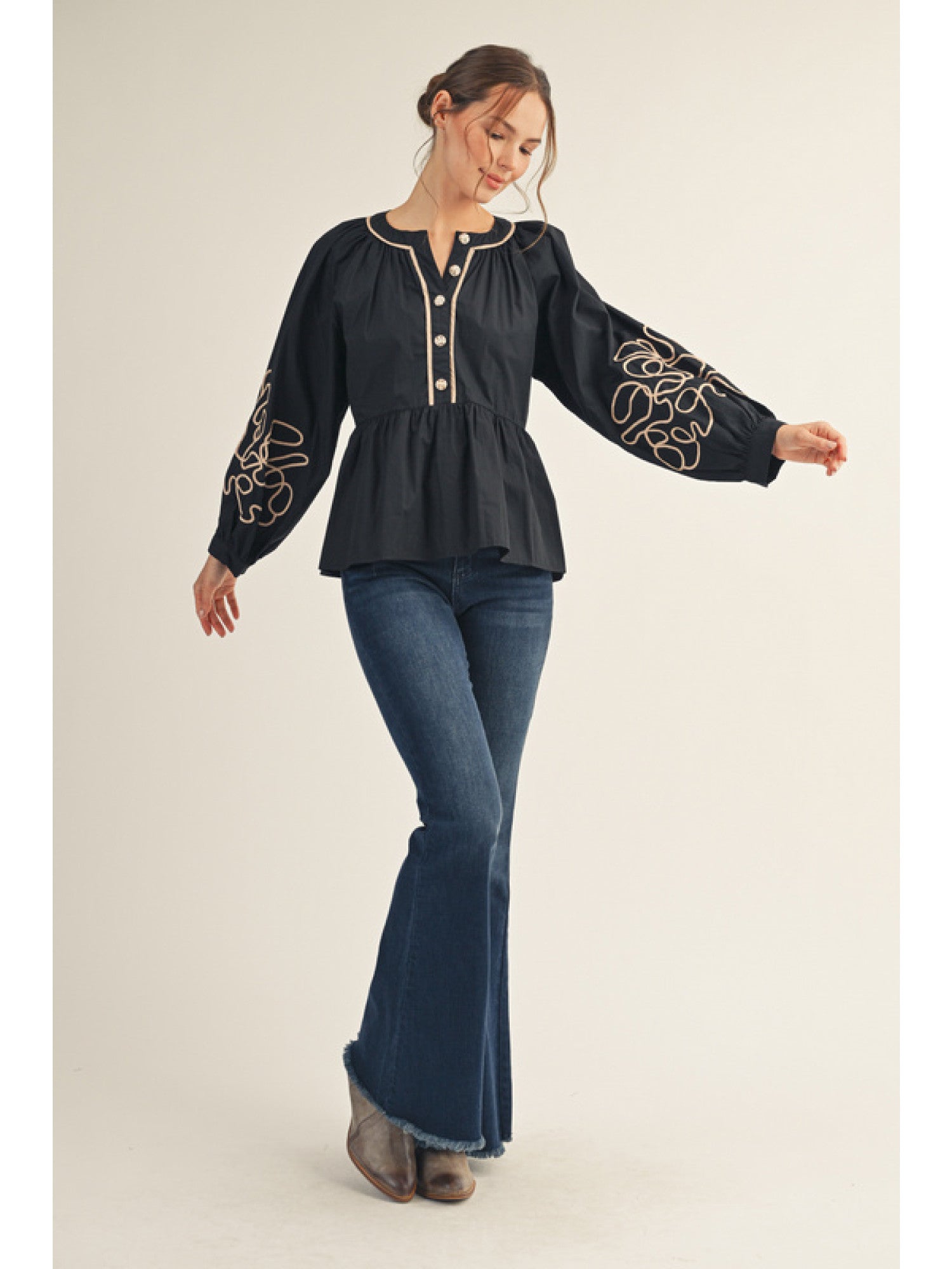 Long Puff Sleeve Peplum Top