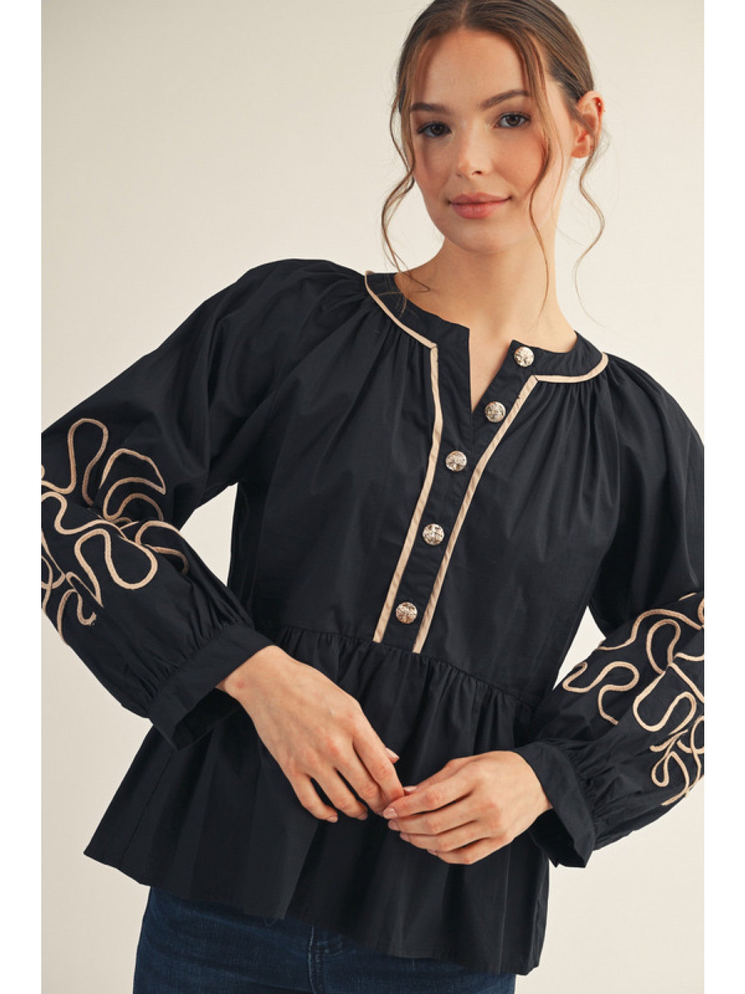 Long Puff Sleeve Peplum Top