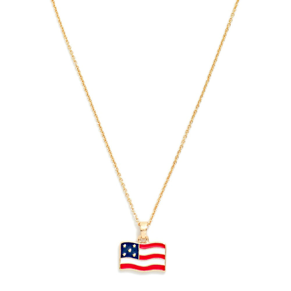 Dainty Chain Link Necklace Featuring Enamel Americana Flag Pendant