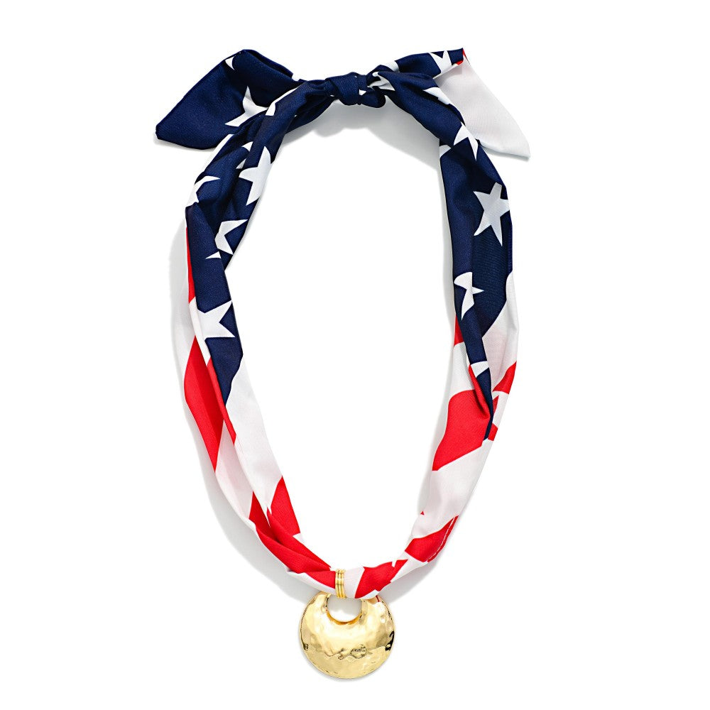 Americana Scarf Necklace With Hammered Metal Pendant