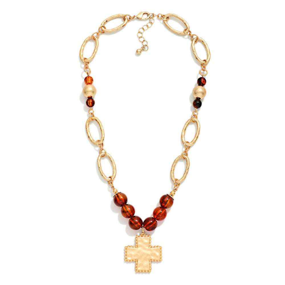 Marbled Acetate Bead & Cross Pendant Necklace