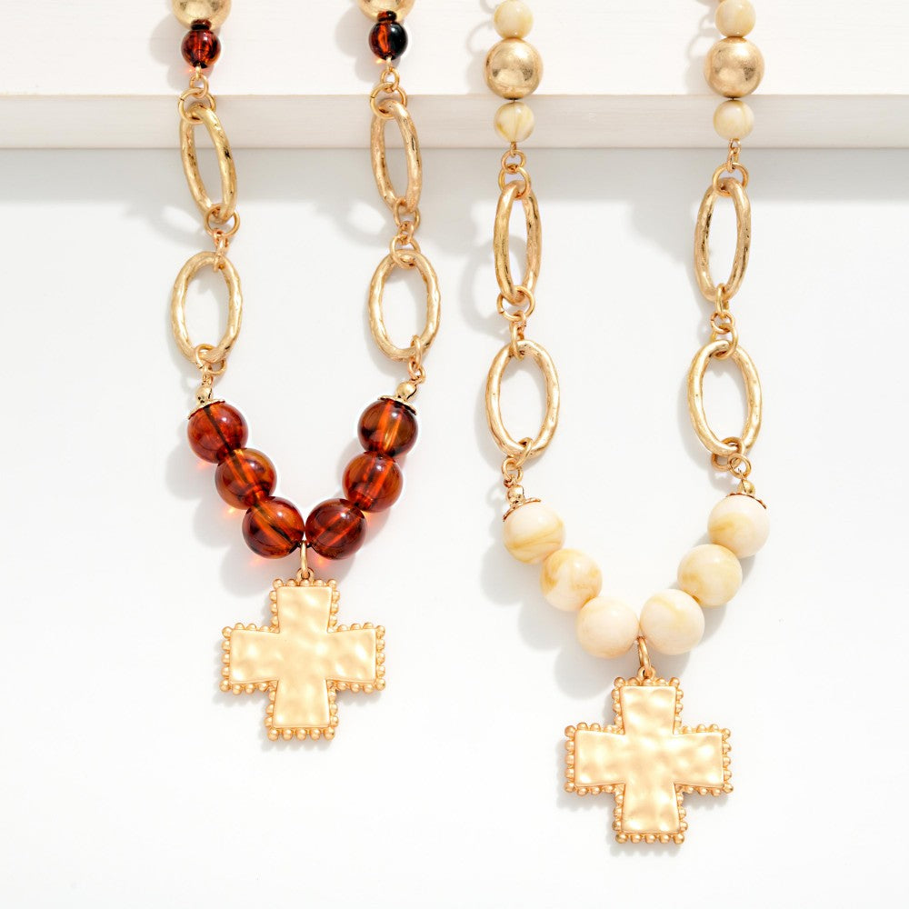 Marbled Acetate Bead & Cross Pendant Necklace