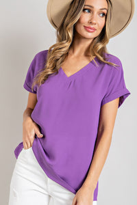 Woven V Neck with Cuffed Short Sleeve Top