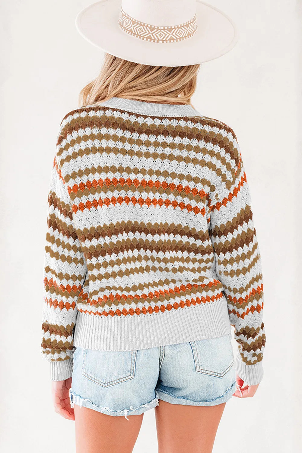 Stripe Eyelet Patterned Drop Shoulder Sweater