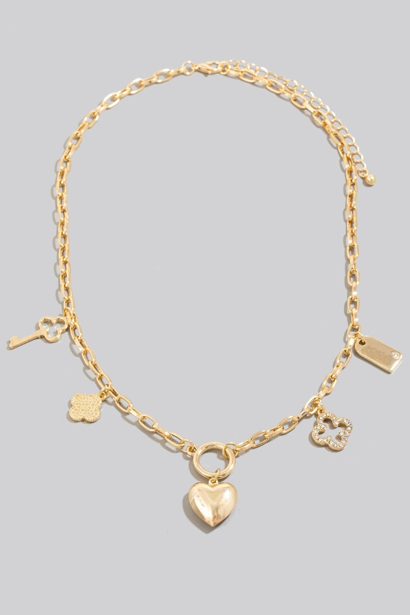 Clover Heart And Key Charm Chain Necklace