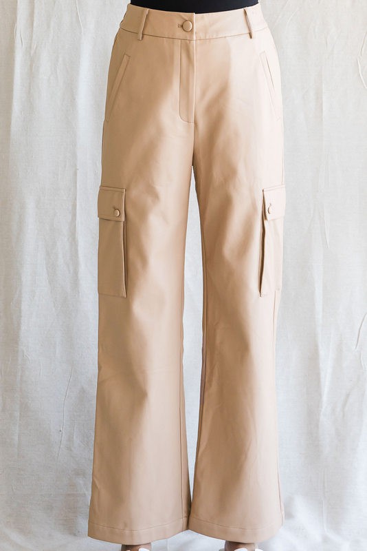 Fake Pleather Cargo Wide Pants