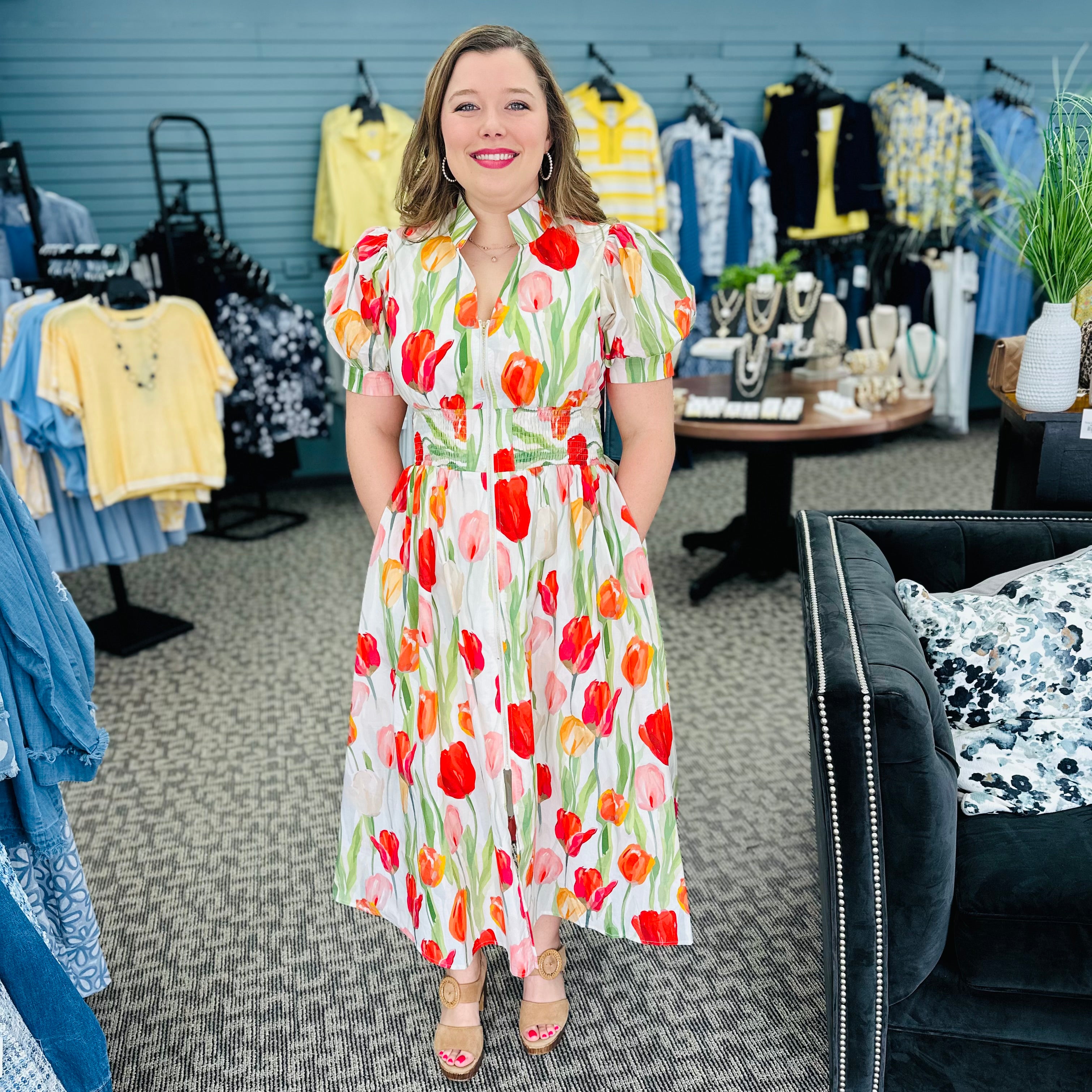 Floral Print Smocked Waist Midi Dress