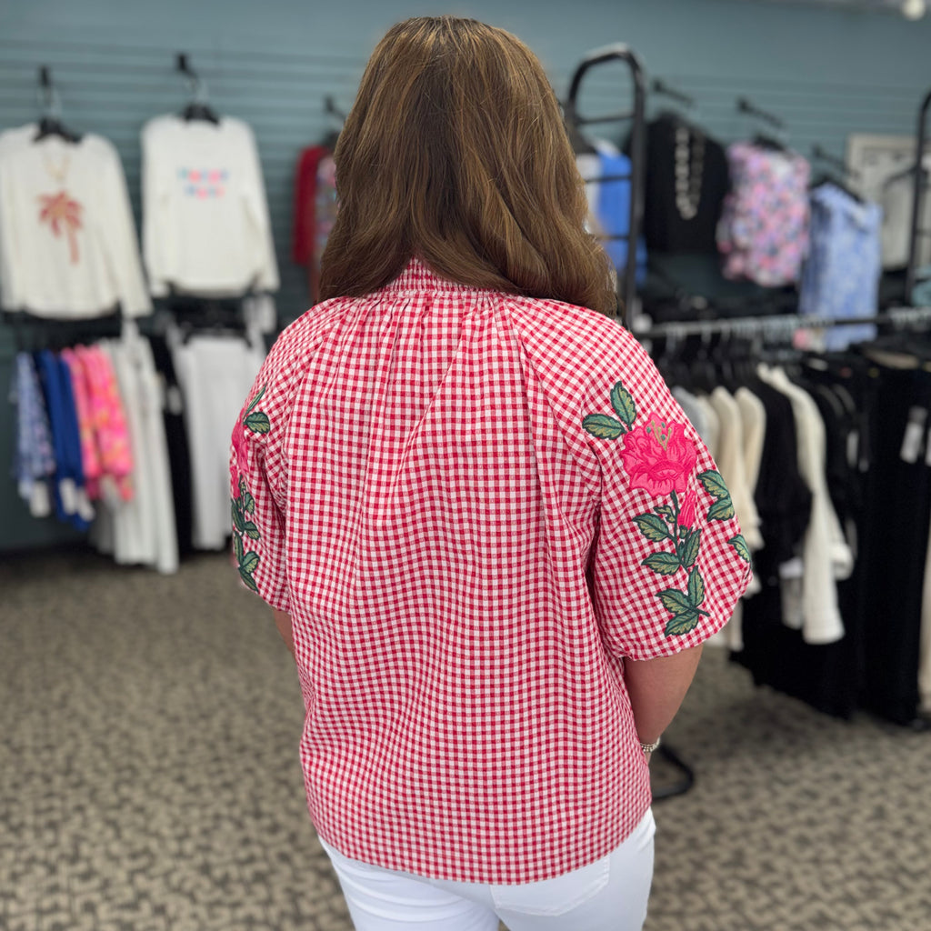 Embroidery Detail Puff Sleeve Gingham V-Neck Top