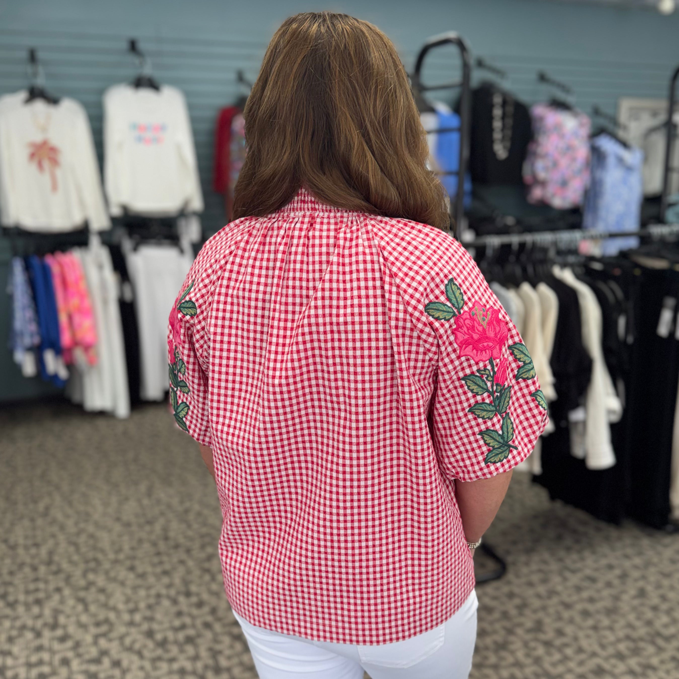 Embroidery Detail Puff Sleeve Gingham V-Neck Top