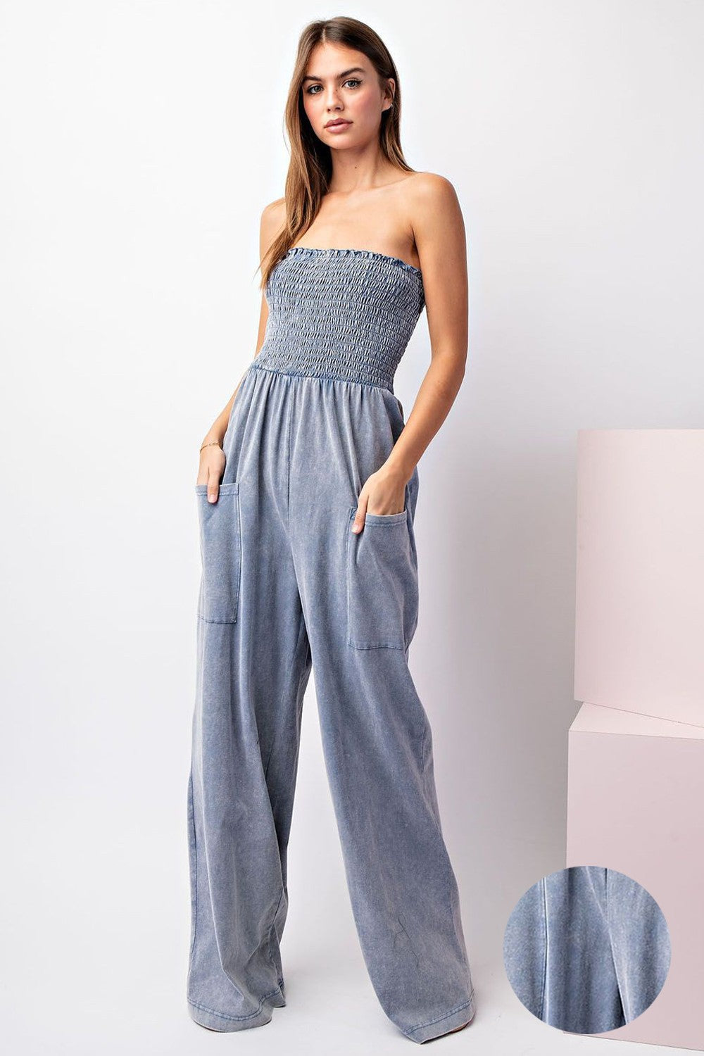 Mineral Washed Strapless Jumpsuit
