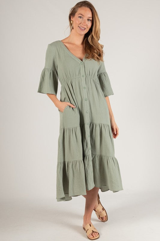 Gauze Tiered Button Up Midi Dress