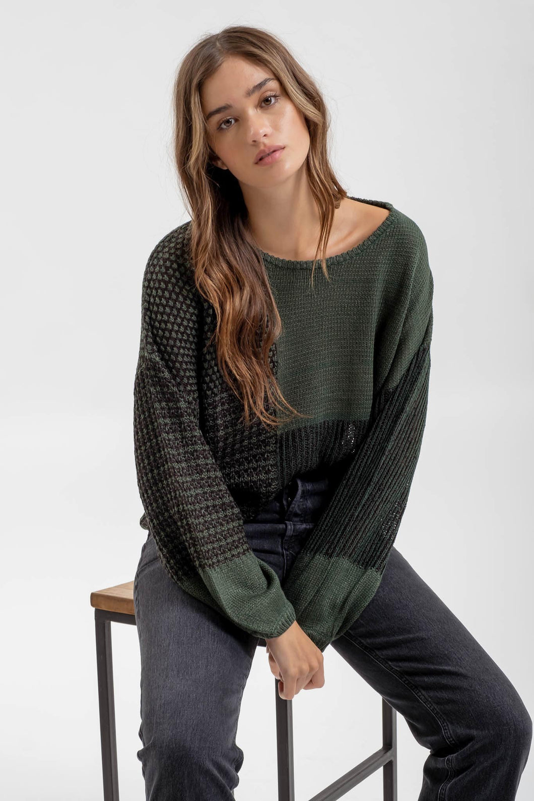 Drop Shoulder Colorblock Sweater with Tie Back