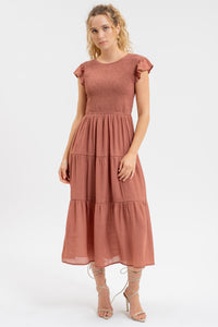 Flutter Sleeve Smocked Tiered Midi Dress