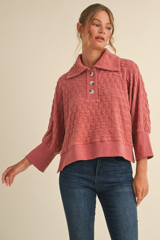Textured Pullover with Buttoned Henley Collar