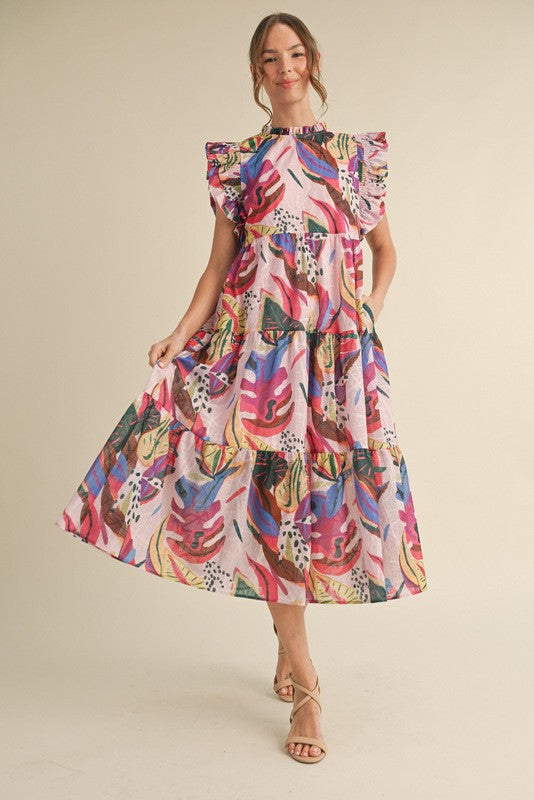 Tropical Print Tiered Midi Dress