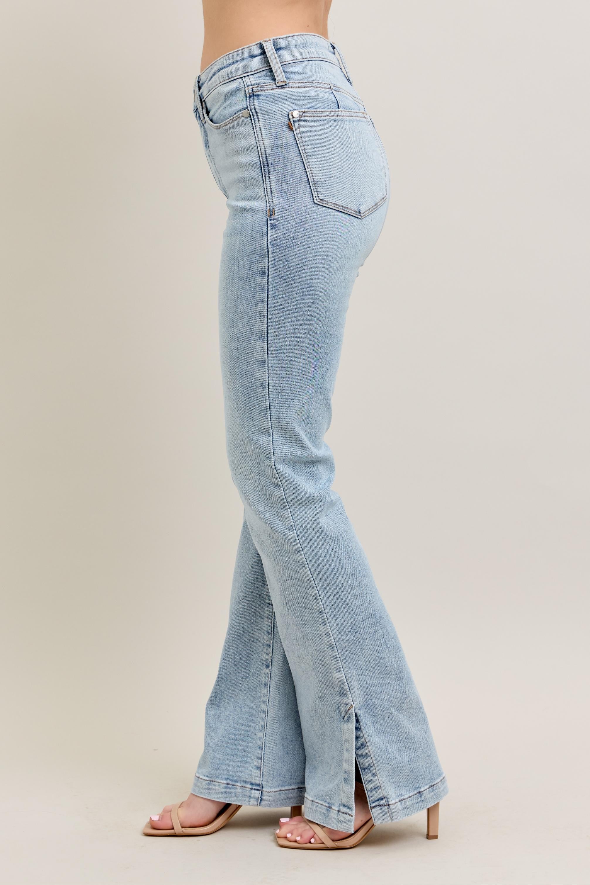 HW Tummy Control Side Slit Slim Boot Cut Vintage Wash