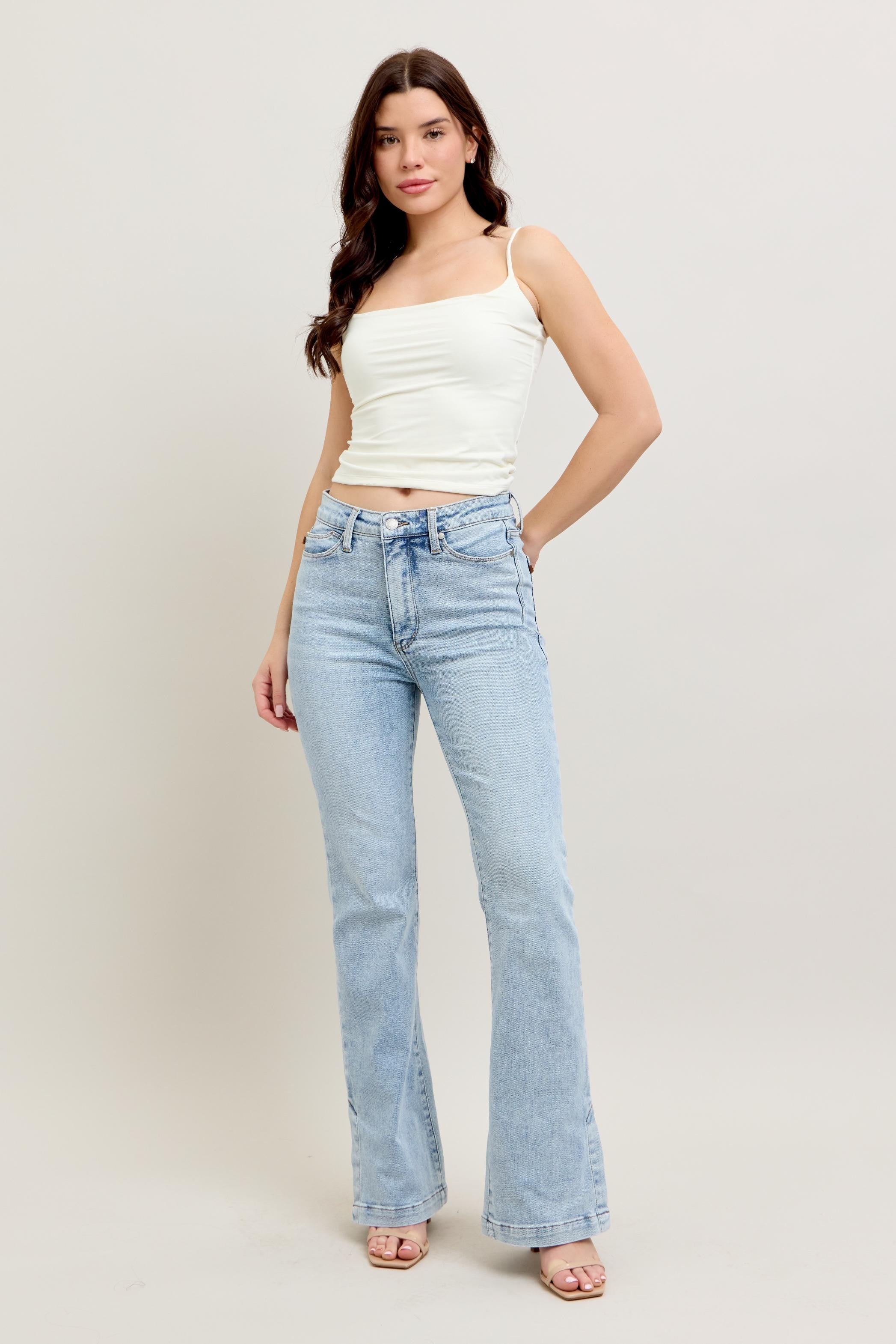 HW Tummy Control Side Slit Slim Boot Cut Vintage Wash