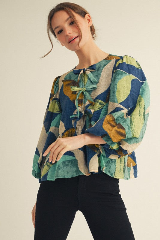 3/4 Balloon Sleeves Abstract Print Peplum Top