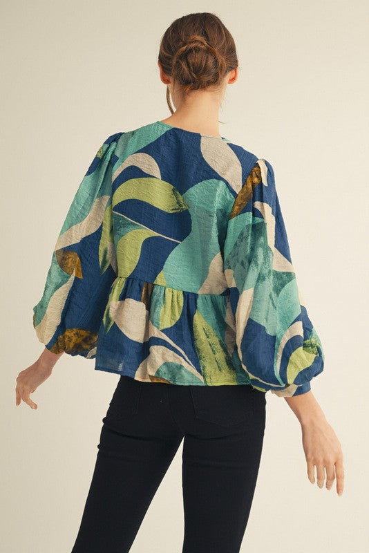 3/4 Balloon Sleeves Abstract Print Peplum Top