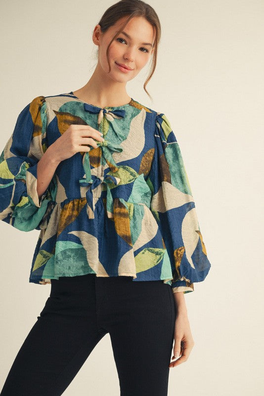 3/4 Balloon Sleeves Abstract Print Peplum Top