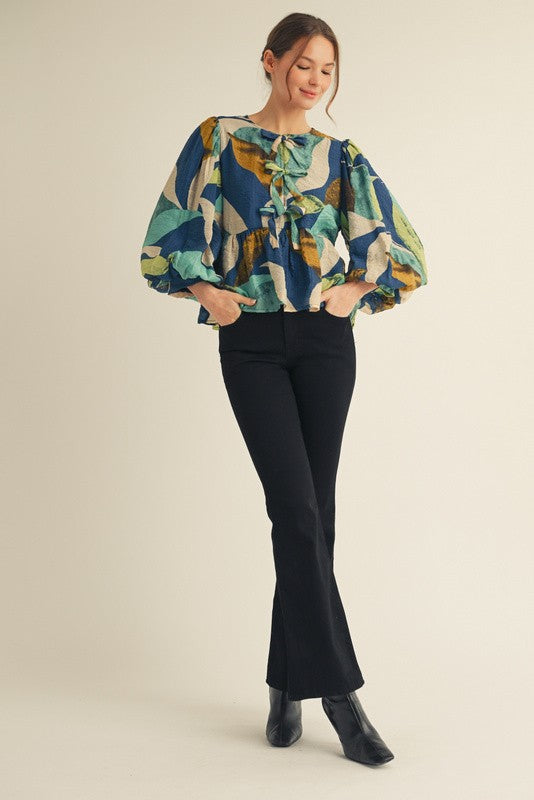 3/4 Balloon Sleeves Abstract Print Peplum Top