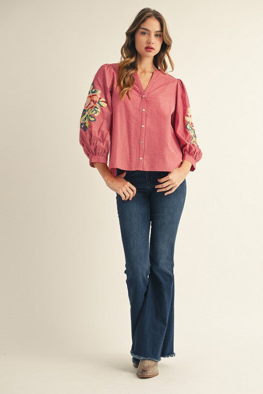 Button Down Stripe Top with Embroidery