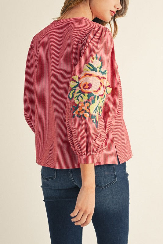 Button Down Stripe Top with Embroidery