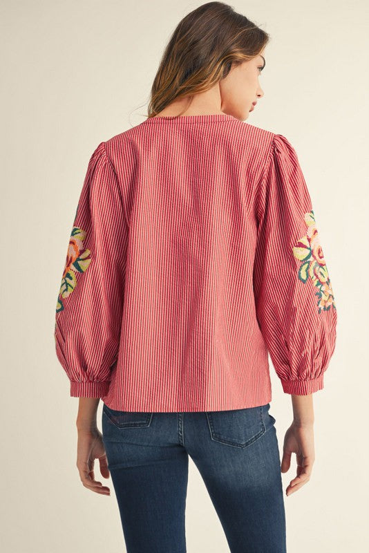 Button Down Stripe Top with Embroidery