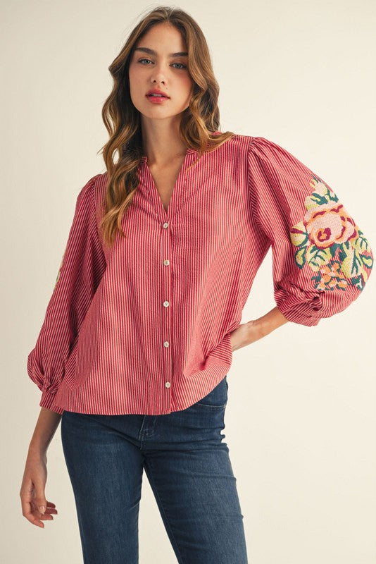 Button Down Stripe Top with Embroidery