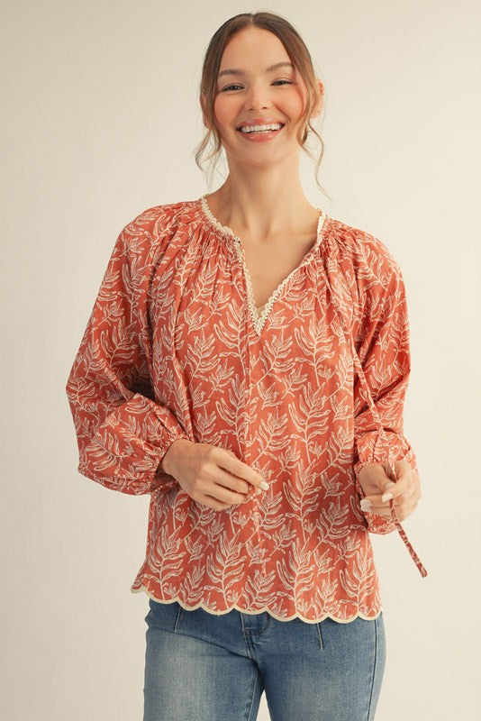 Leaf Print Peasant Top