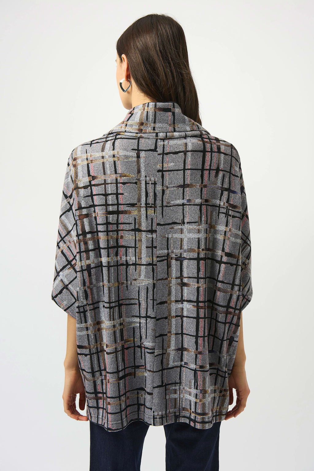 253058 Sweater Knit Plaid Print Boxy Top