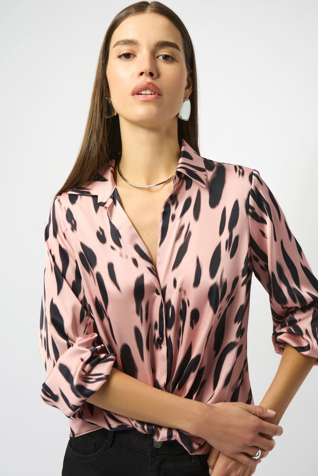 253059 Satin Animal Print Draped Top- FT
