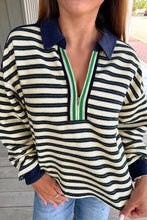 Load image into Gallery viewer, Striped Contrast Collar Zip V Neck Top
