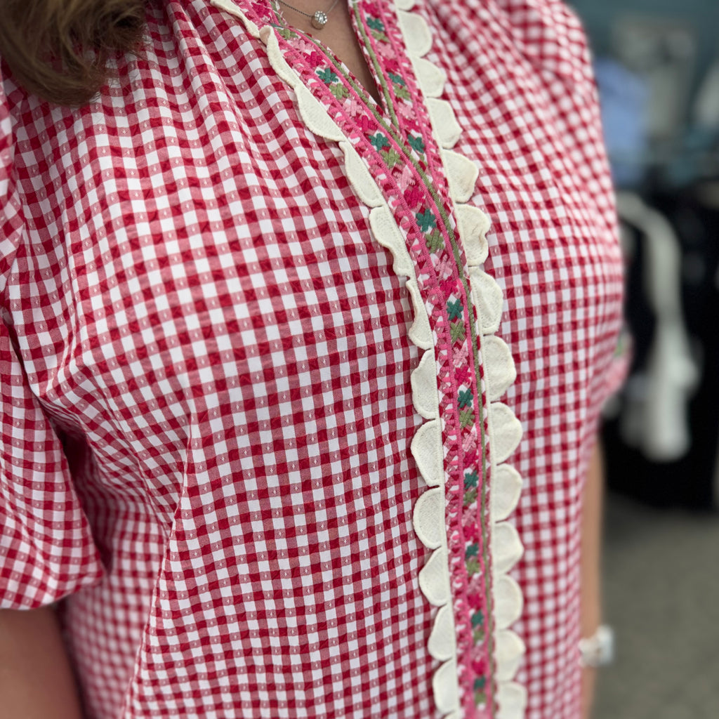 Embroidery Detail Puff Sleeve Gingham V-Neck Top