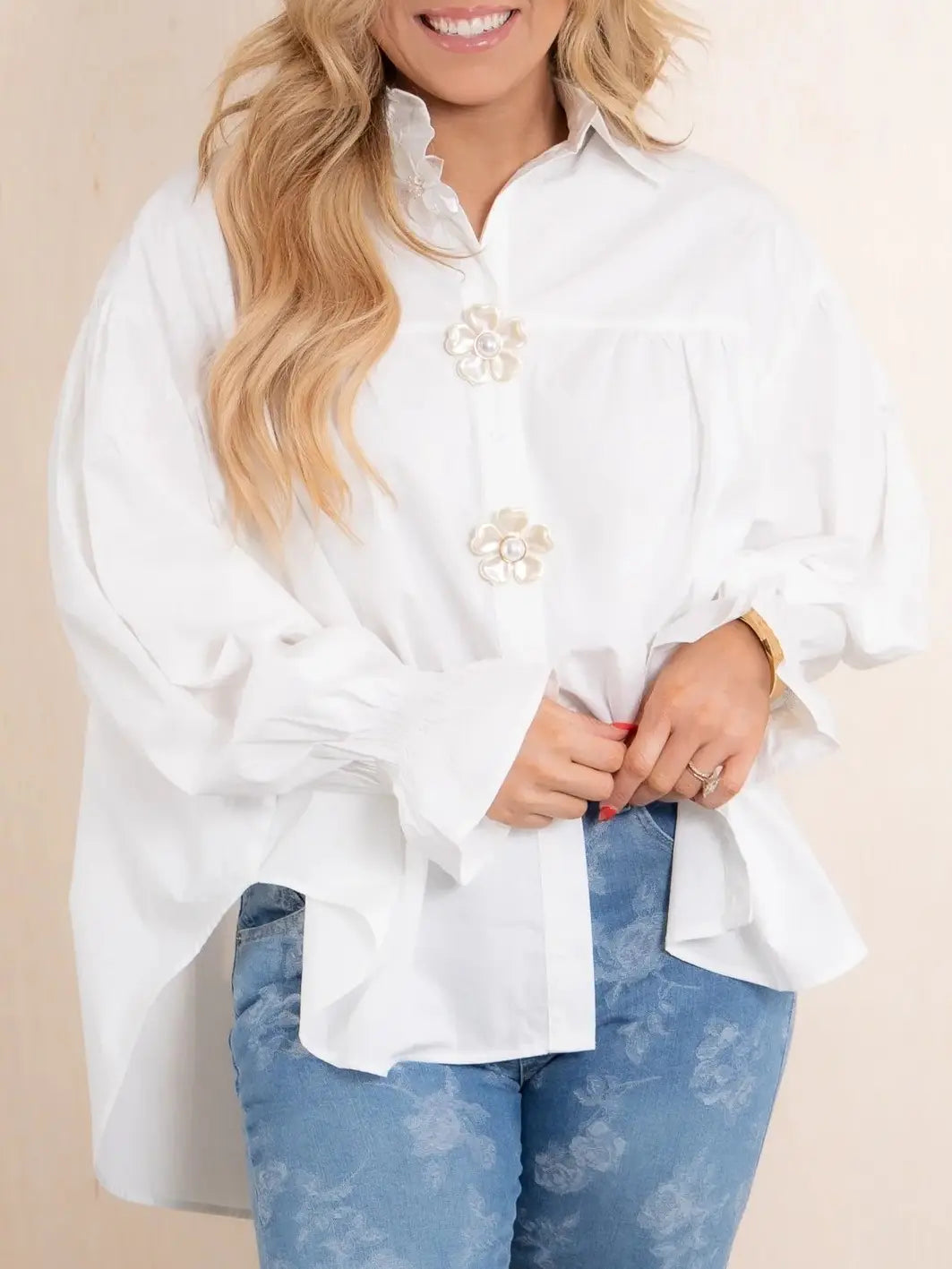 Flower Metal Charm Button Up Loose Blouse
