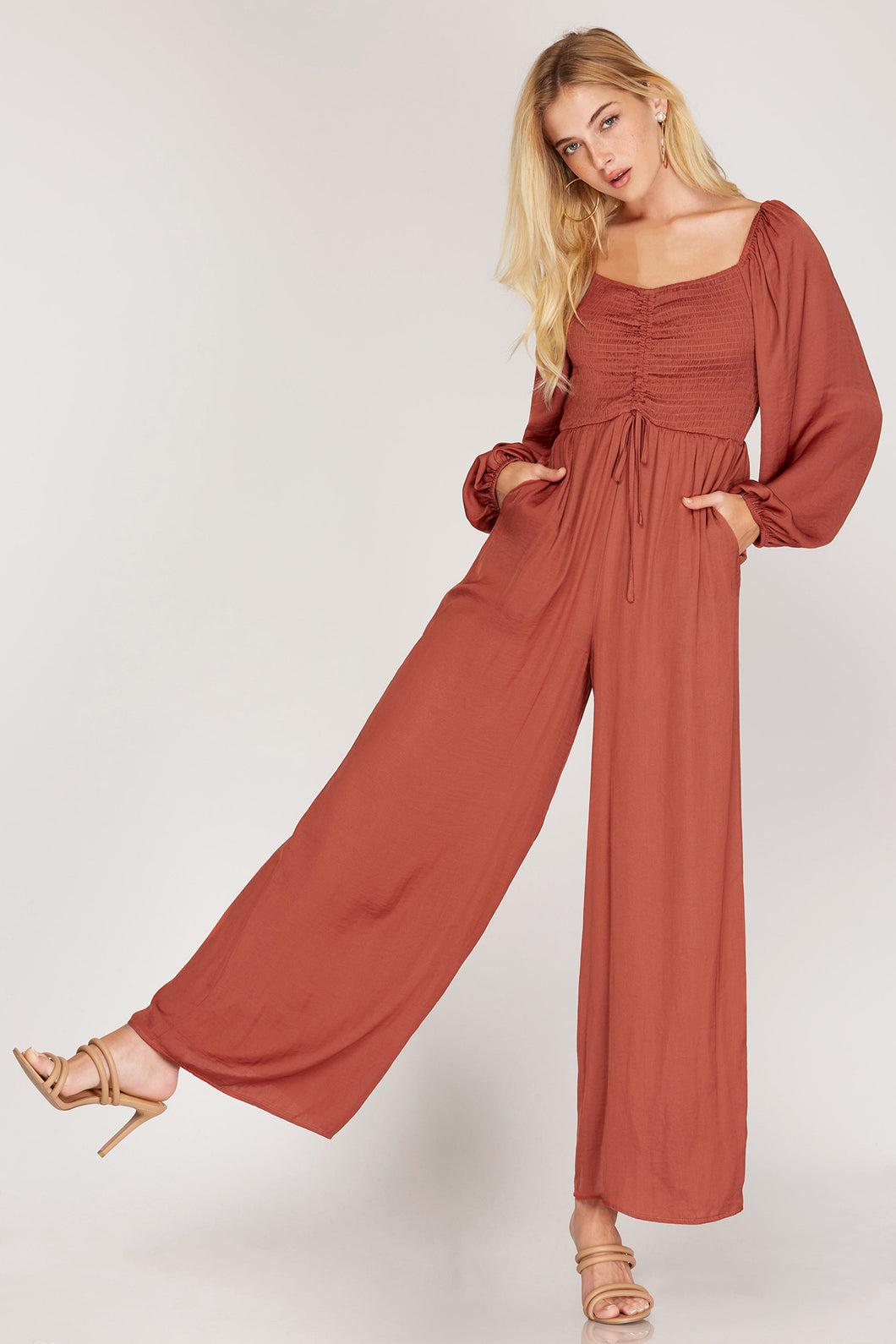 Long Sleeve Woven Satin Ruched Jumpsuit