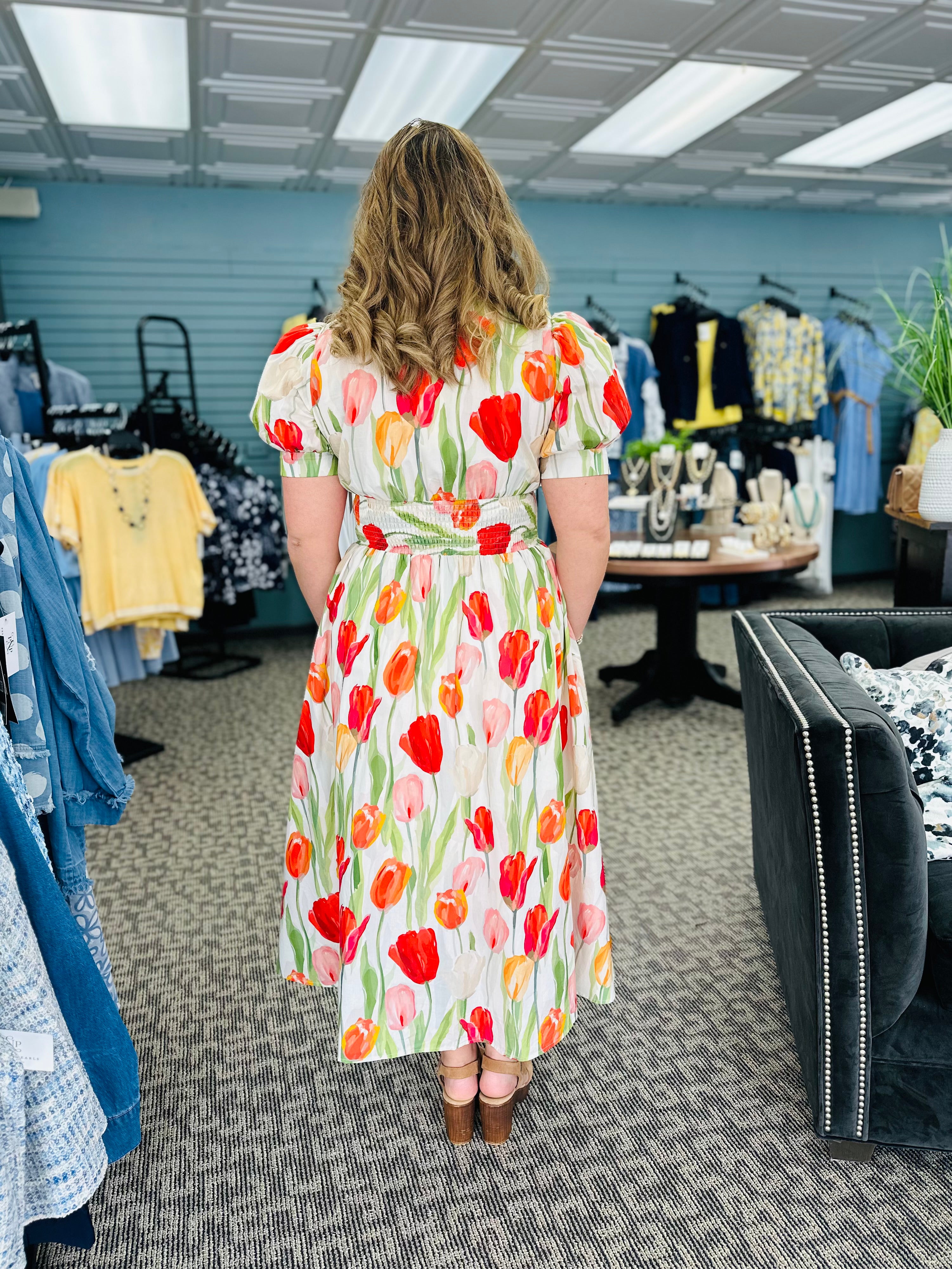 Floral Print Smocked Waist Midi Dress