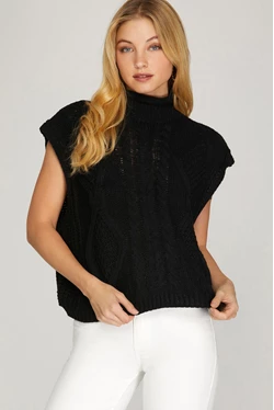 Drop Shoulder Sleeveless Mock Neck Cable Sweater