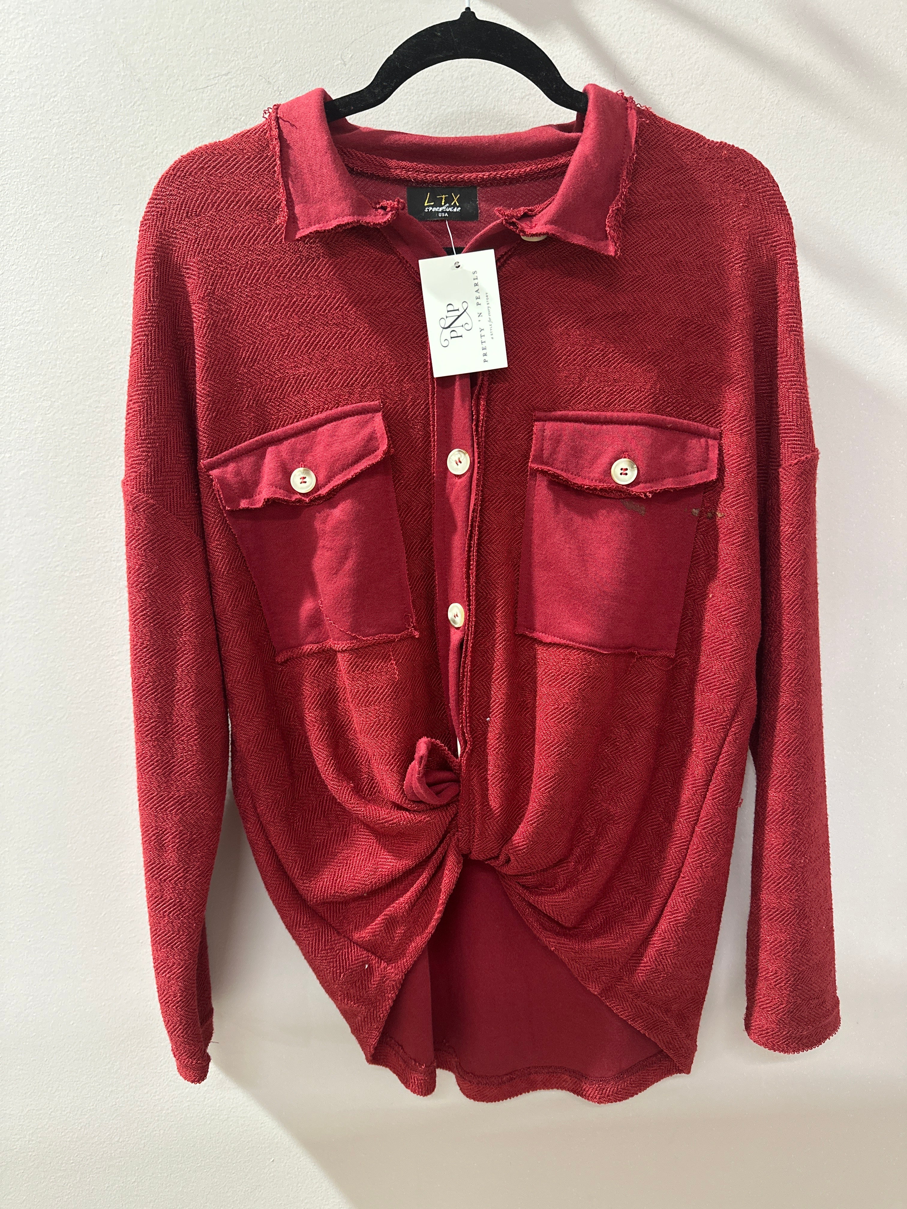 Burgandy Button Shacket with Front Pocket