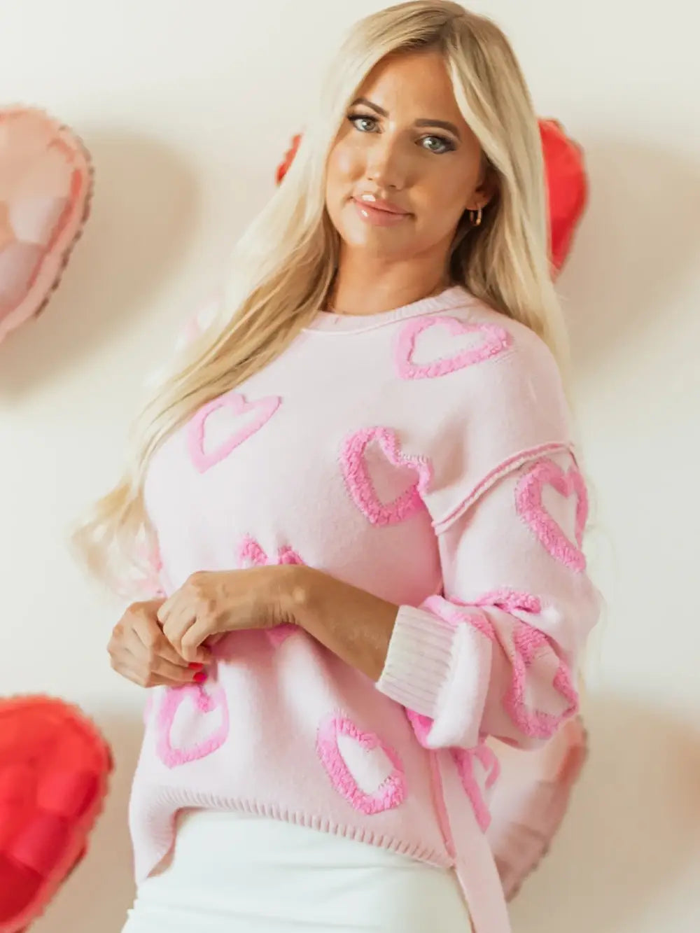 Pink Heart Shape Bubble Sleeve Baggy Sweater
