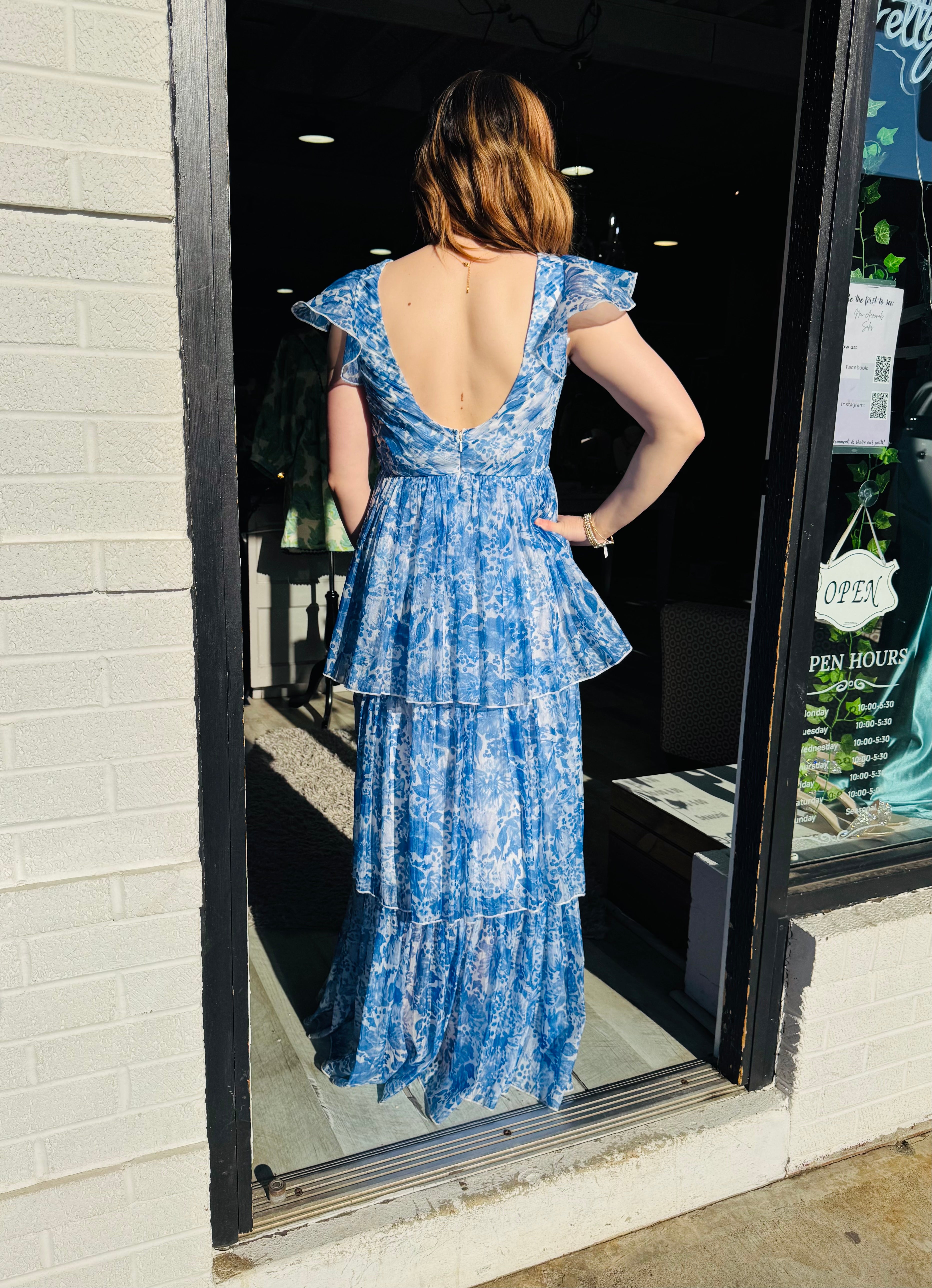Blue and White Tiered Maxi Dress