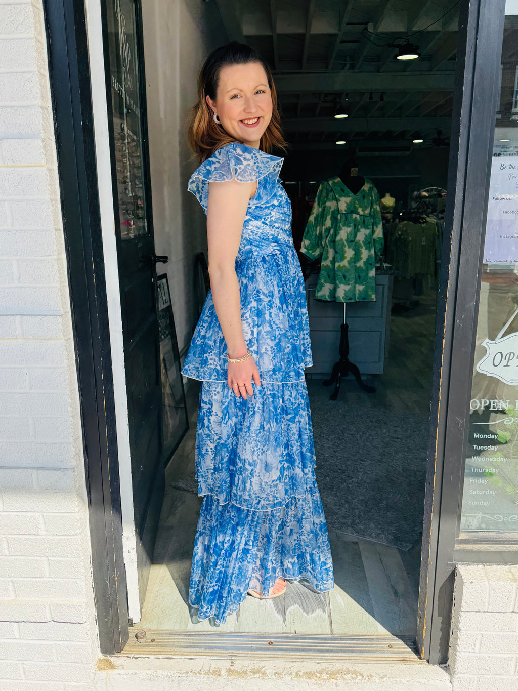 Blue and White Tiered Maxi Dress