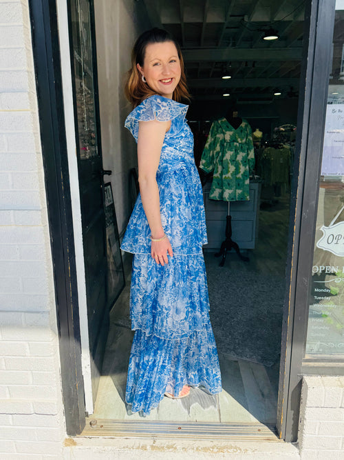 Blue and White Tiered Maxi Dress