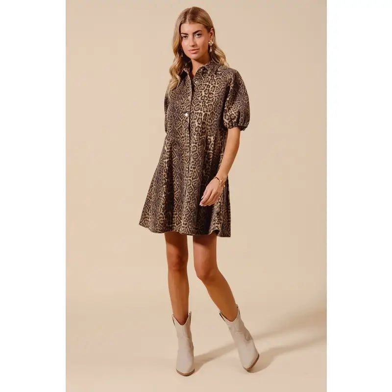Washed Leopard Denim Button up Shirt Dress