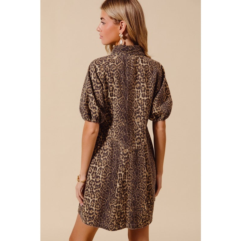 Washed Leopard Denim Button up Shirt Dress
