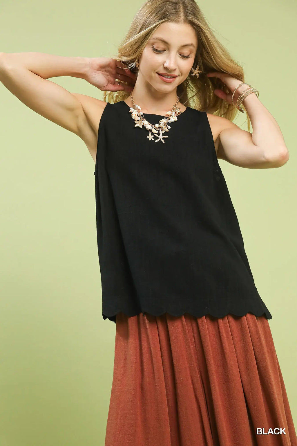 Linen Scallop Hem Sleeveless Top